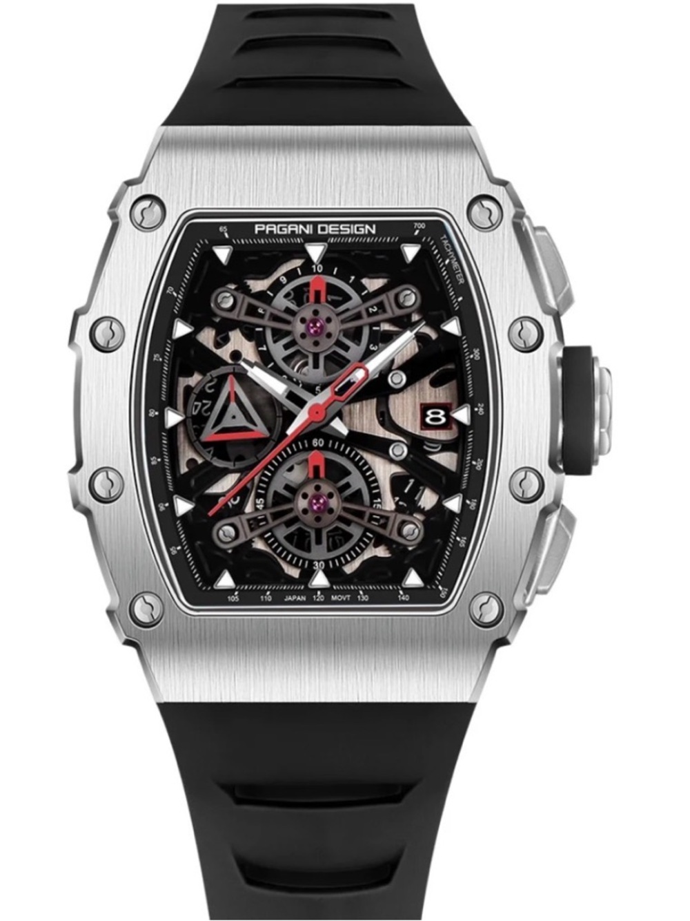 Pagani Design Skeleton Sport Watch in Silver & Black with Red Accents men’s